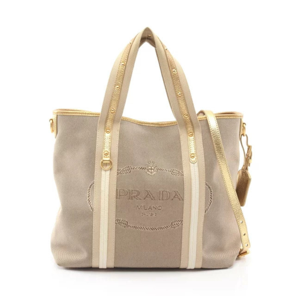 Prada JACQUARD Handbag Canvas Leather Beige Gold Tone